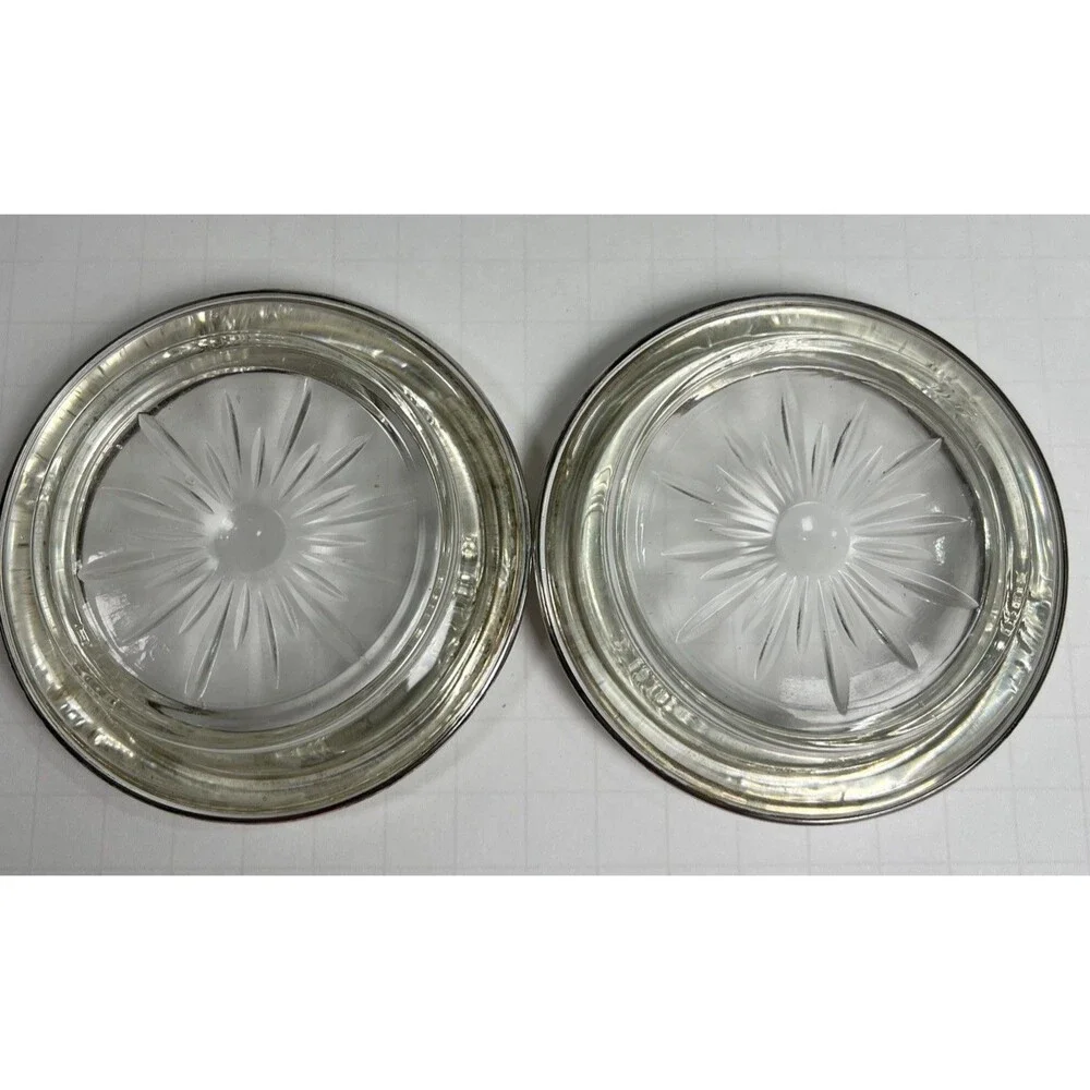 2 Vintage Frank M Whiting & Co Sterling Silver & Cut Glass Coasters Starburst